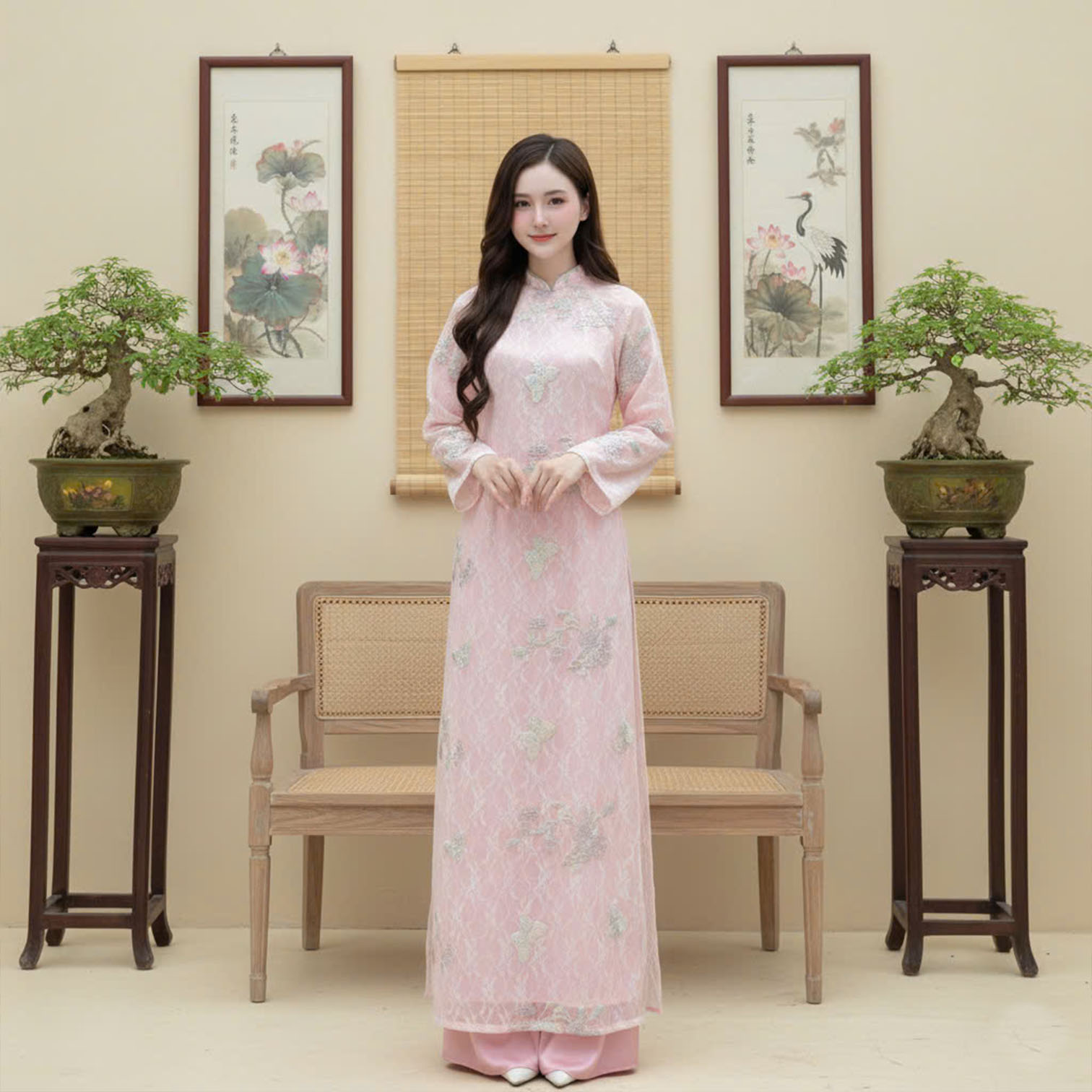 Áo Dài Cách Tân Nữ Đáng Suông Voan Thêu Mặc Tết N26-CT