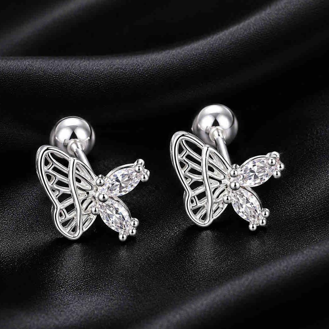 Khuyên kiểu bạc xi kim bướm nửa cánh lưới đá trắng(tai phải)