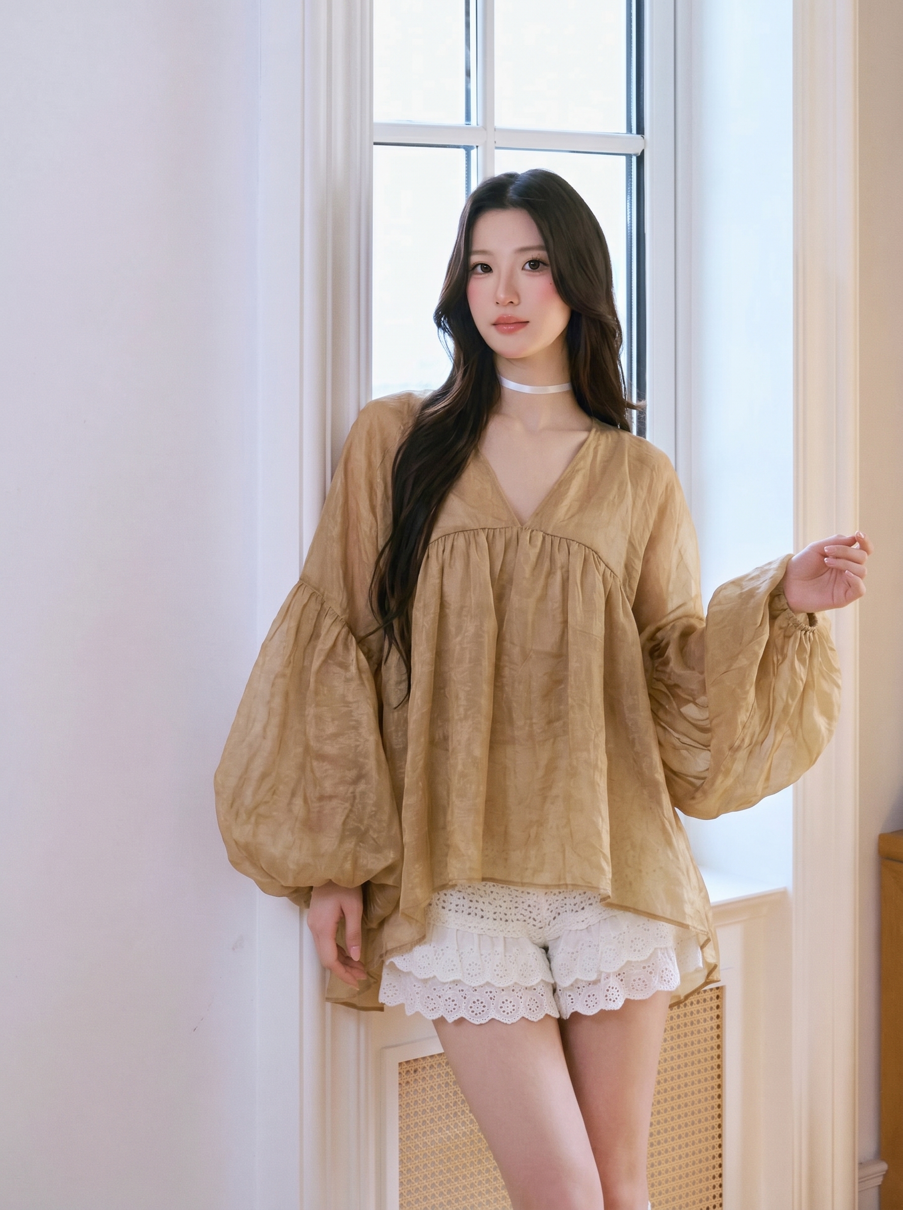 Lucas - Áo sơ mi cổ tim vai rơi dài tay dáng suông vải voan tơ chìm