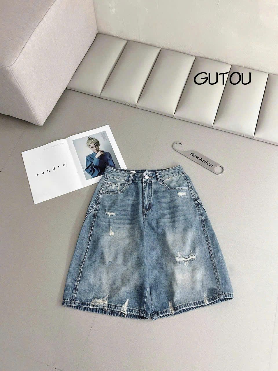 [ GUTOU ] Quần Jean Lửng Wash Rách Flap Pocket_thumbnail_5
