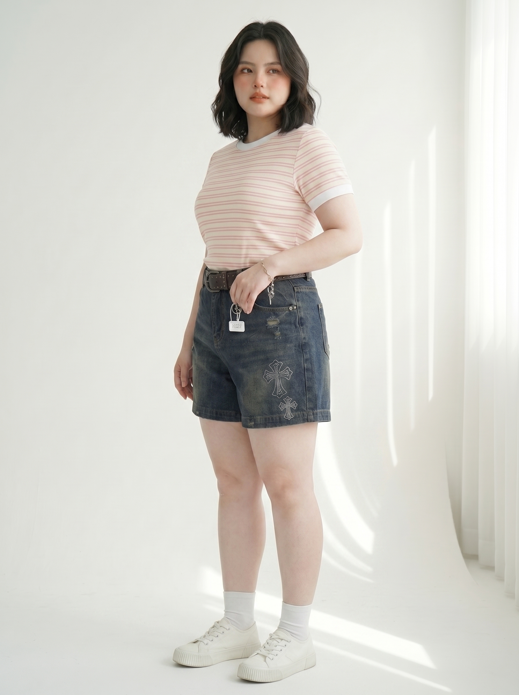 Quần Short Jean Lửng Lưng Thun Ép Đá Chữ Thập Bigsize - Xanh Jean - T-QSJ70