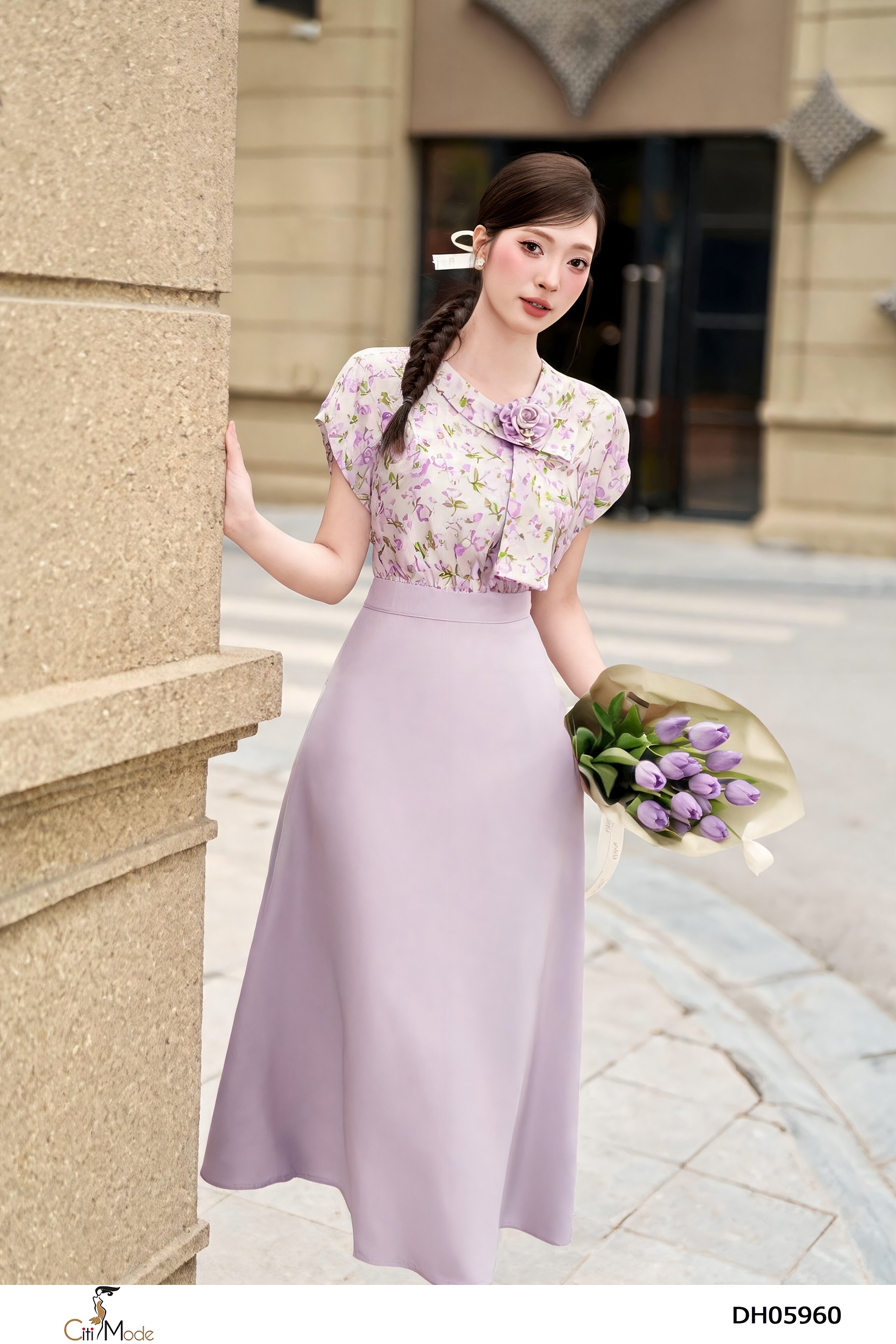Đầm xòe hoa tím cổ nơ hoa cách điệu_thumbnail_2