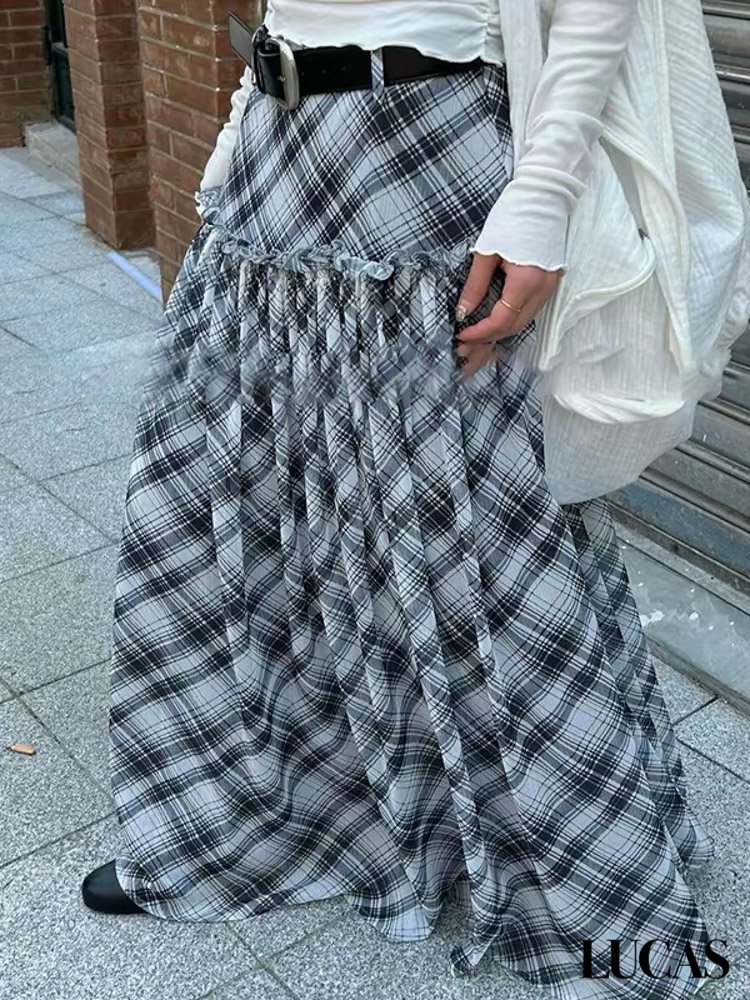 Chân váy xòe hạ eo caro voan + belt da đen_thumbnail_6
