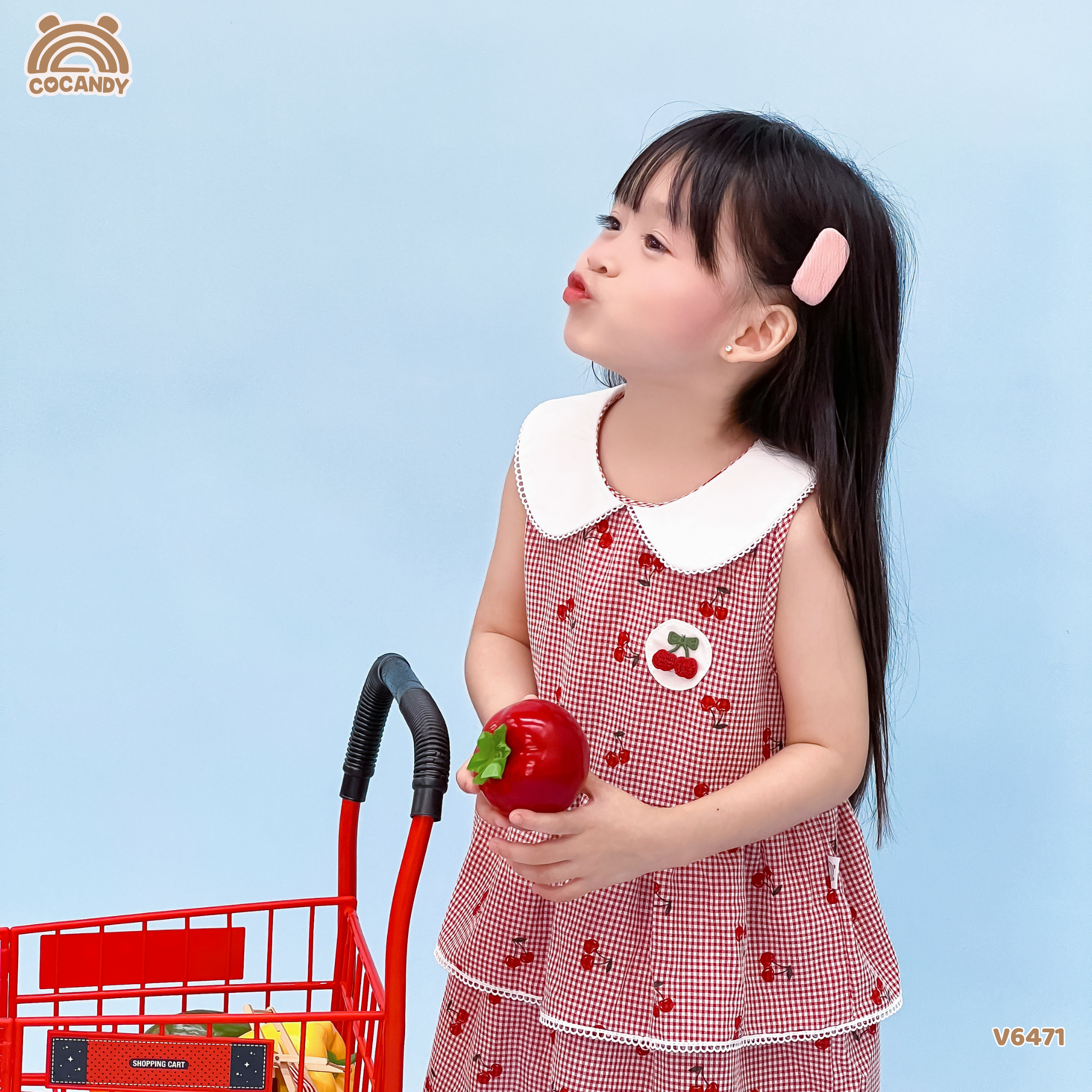 Váy sát nách thô caro ĐỎ hình cherry phối cổ sen_thumbnail_1