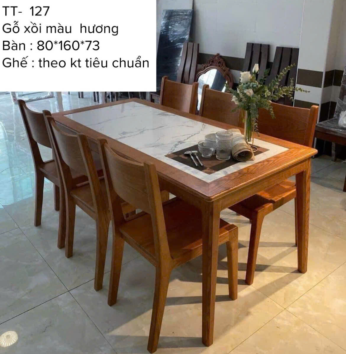 Bộ bàn ăn gỗ sồi mặt đá mẫu BA10