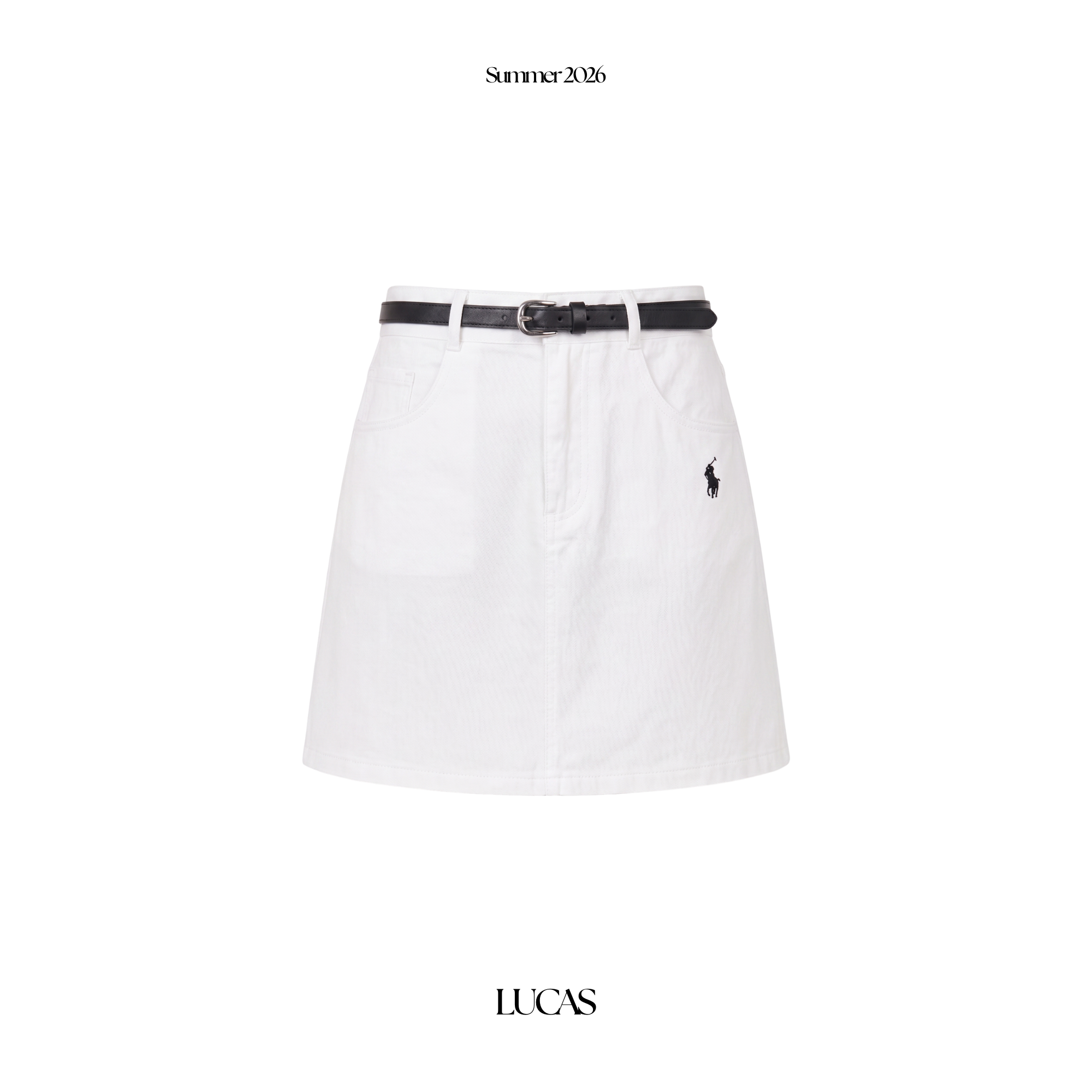 Chân váy A dáng ngắn túi tròn + belt da nâu gài thêu logo