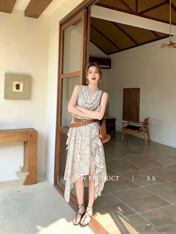 Lucas - Váy zile cổ đổ bèo 1 bên gấu xéo + belt da bản lớn vintage_thumbnail_5
