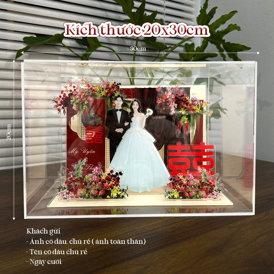 [CÓ HỎA TỐC] Standee Đám Cưới 3D - Mô Hình Mica Lắp Ghép, Decor Kỷ Niệm, In Theo Yêu Cầu (Tặng Hộp) - MẪU HỒNG