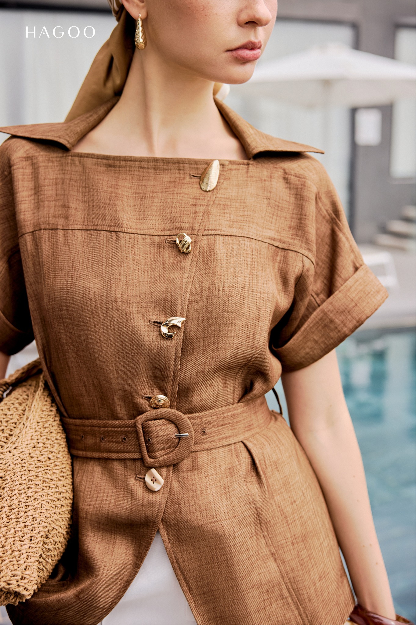 Áo sơ mi cộc tay linen Ý khuy đồng HAGOO