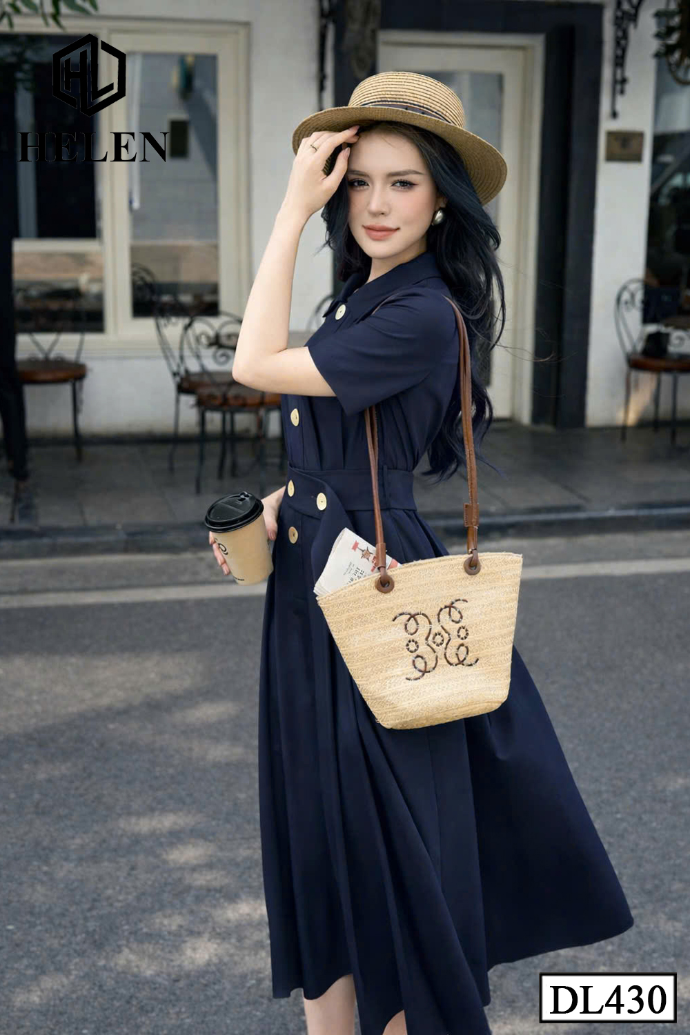 Đầm xòe màu xanh than cổ đước đai eo DL430