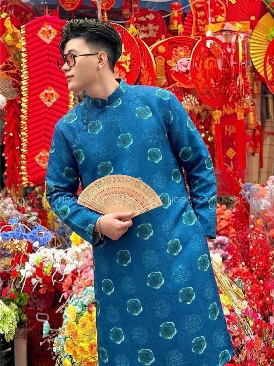 Áo Dài Nam Màu Xanh Dương Song hỷ _thumbnail_2