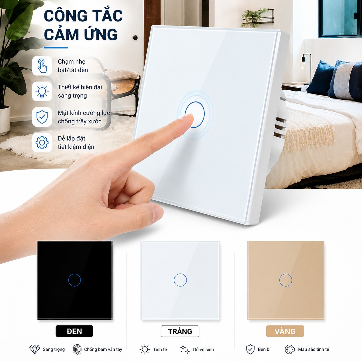 Công Tắc Cảm Ứng Kính Cường Lực Cao Cấp 86 Type Mặt Vuông