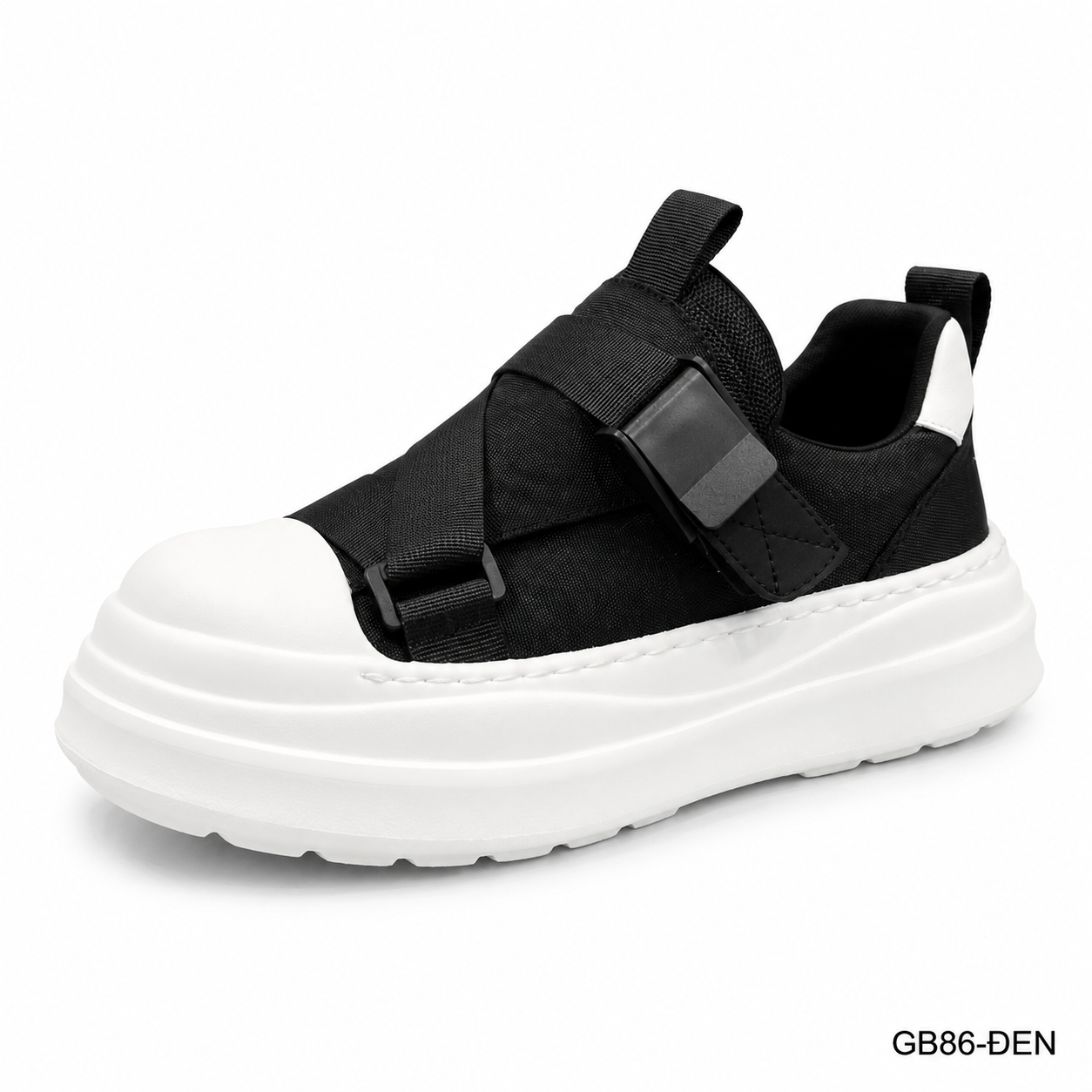 GB86 - Giày vải nam kiểu Hàn, đế dày êm, khóa cài tiện lợi, màu đen trơn, thời trang casual
