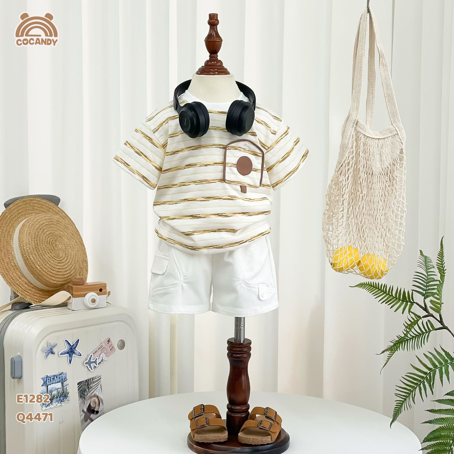 Áo cộc cotton kẻ VÀNG BE phối túi ngực hòm thư_thumbnail_7