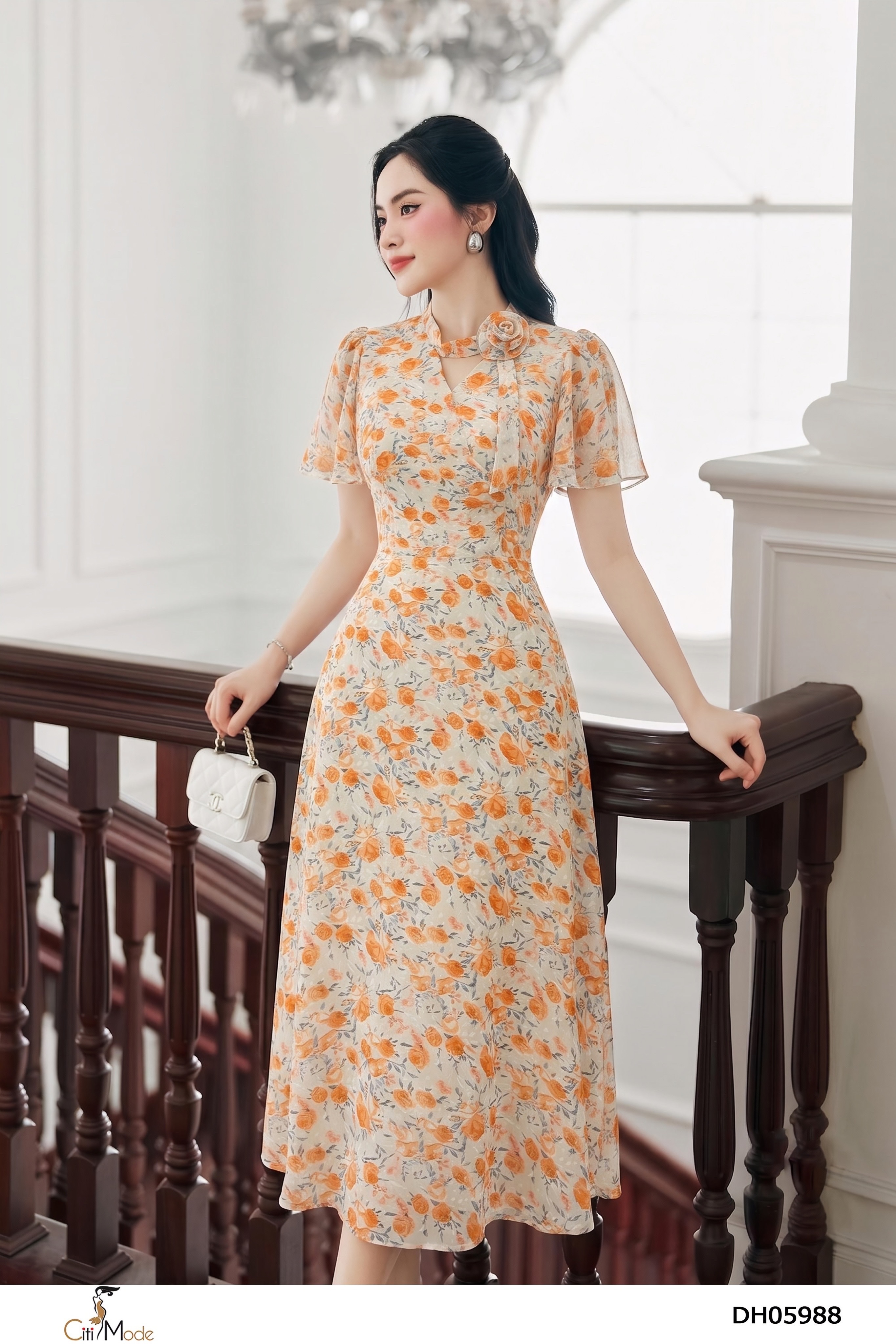 Đầm hoa cam cổ nơ cách điệu tay ngắn_thumbnail_4