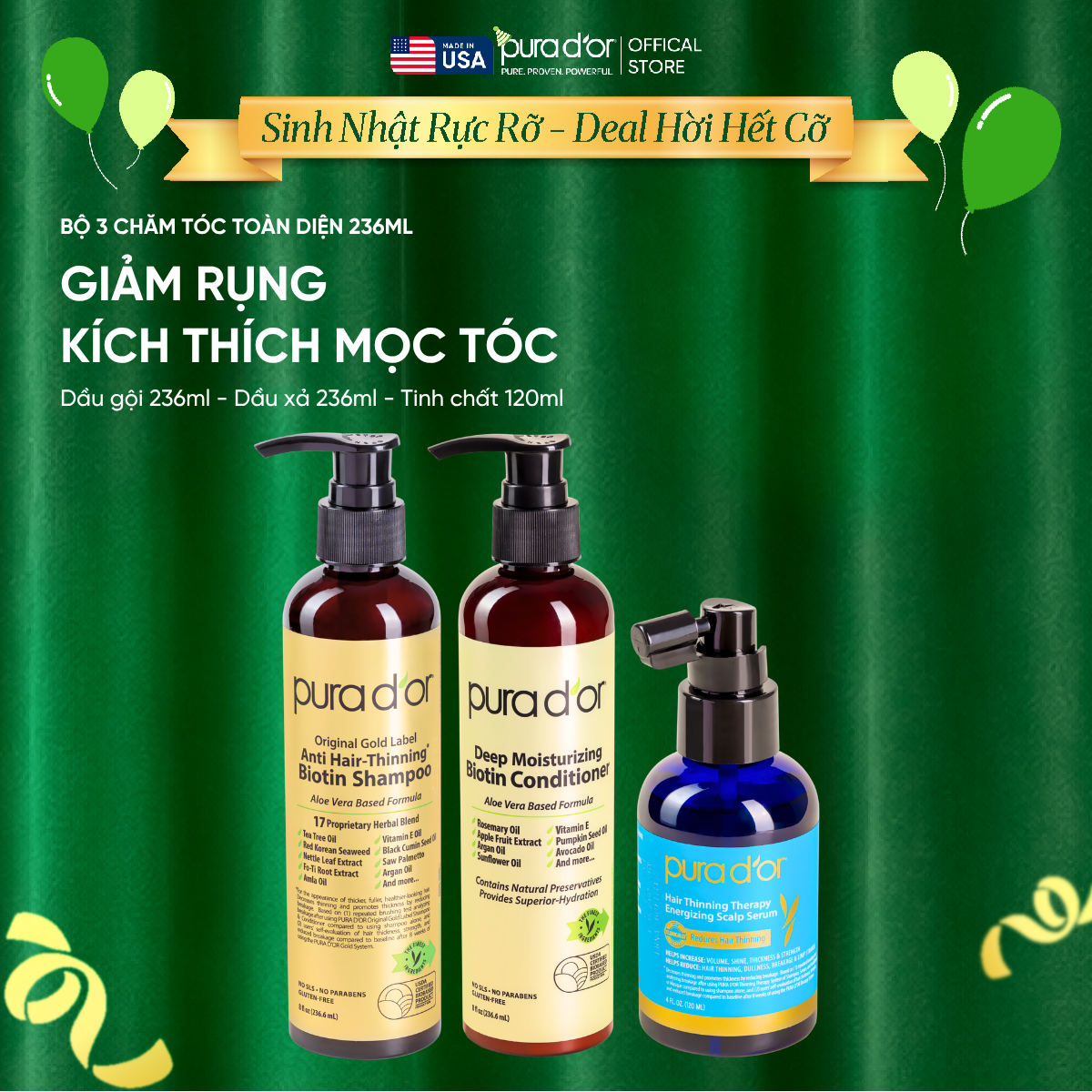 Combo 3 Bước Dầu Gội, Dầu Xả, Giảm Rụng Tóc Organic Pura D'or Biotin Gold Label 236ML | Chăm Sóc Tóc, Chăm Sóc Da Đầu, Dưỡng Tóc, Hỗ Trợ Mọc Tóc - Mega Livestream - Combo 3 bước 236ml
