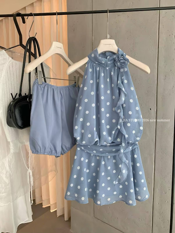 Lucas - Set áo yếm cổ dựng đính hoa bèo lệch vải chấm bi + chân váy xòe mini_thumbnail_3