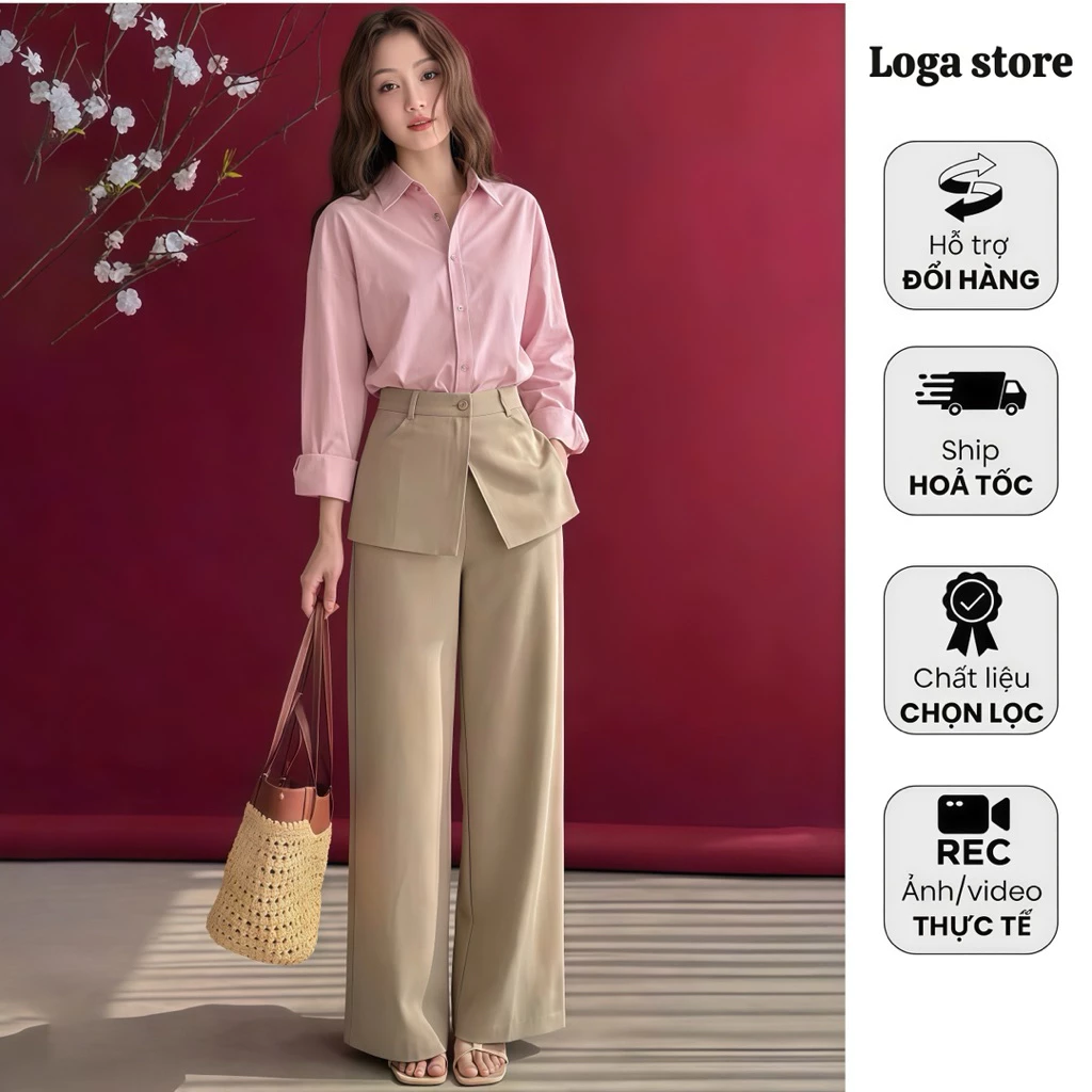 Set áo sơ mi bamboo hồng phối quần suông ống rộng , Set đồ công sở nữ thanh lịch, form đứng dáng kiểu Hàn Loga_L101