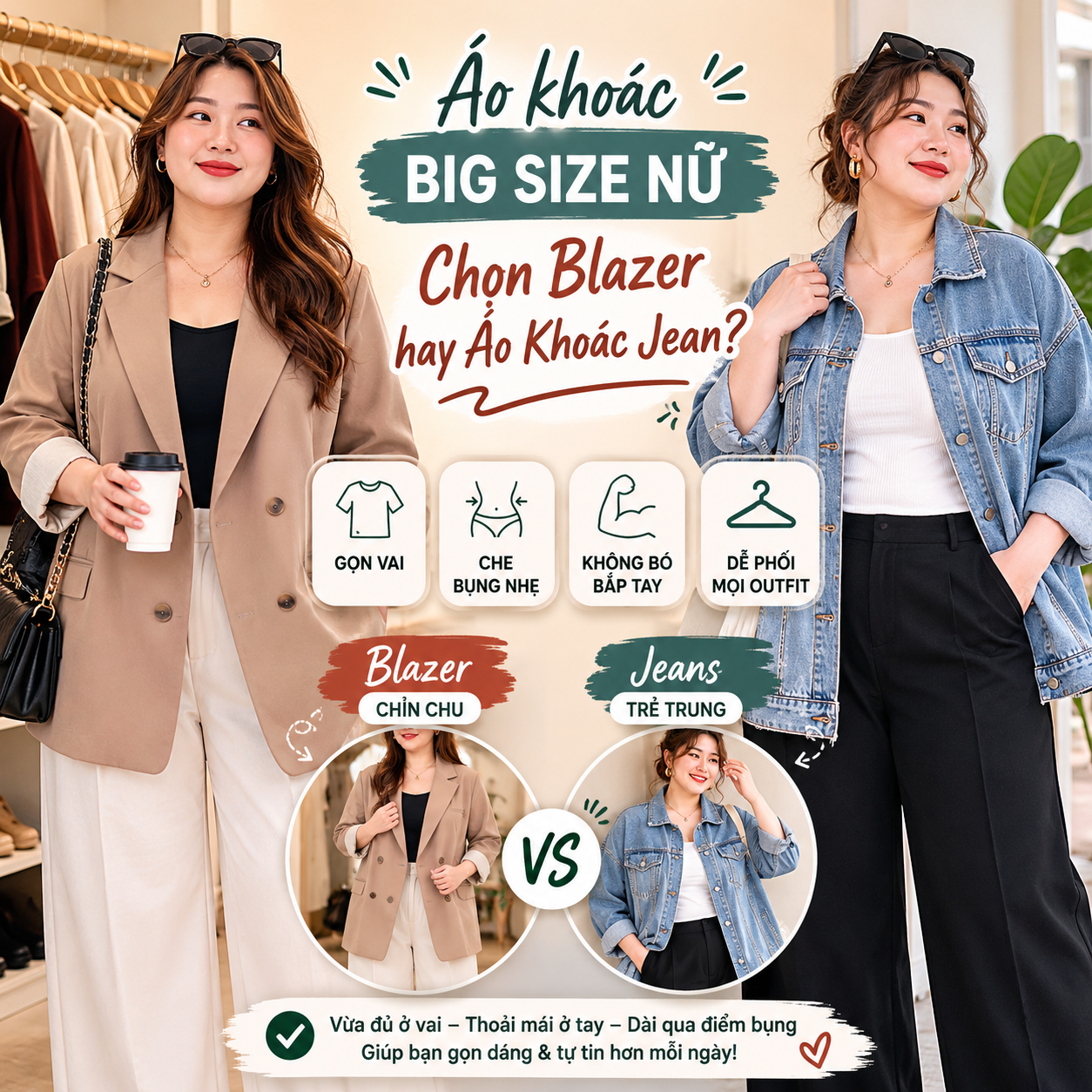 Áo Khoác Big Size Nữ: Chọn Blazer Hay Jean Gọn Vai