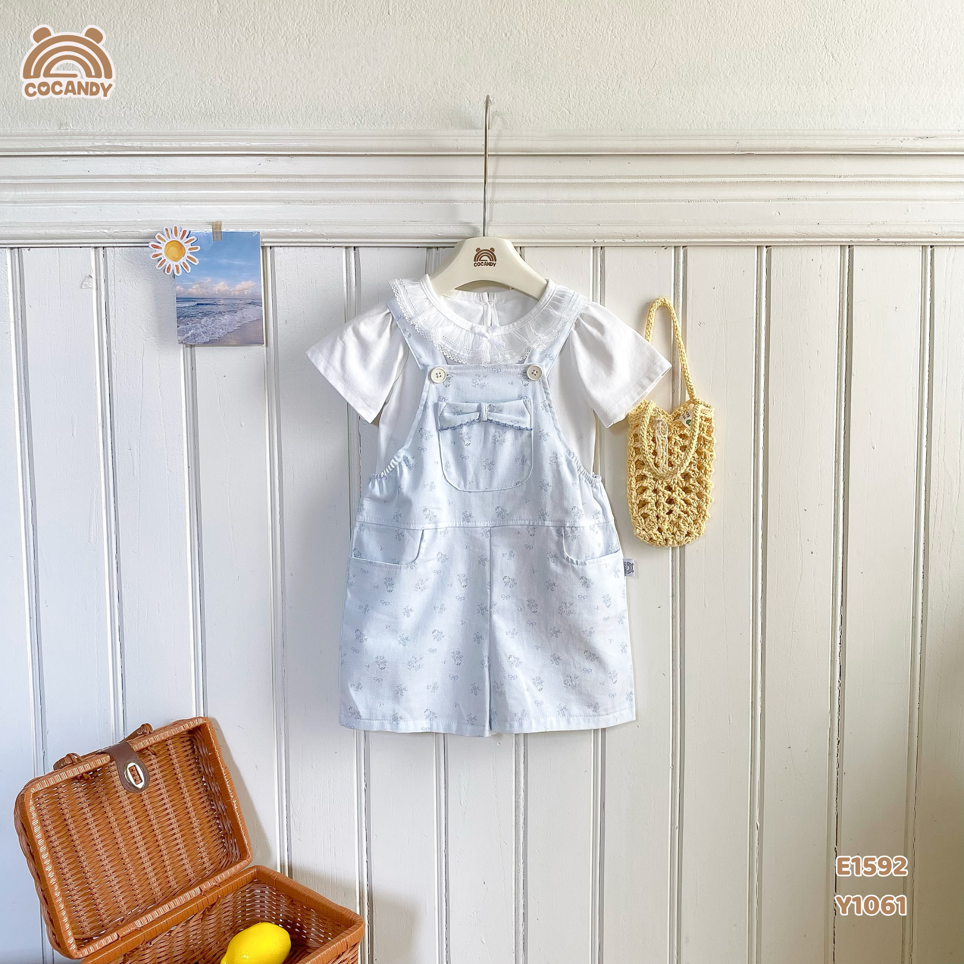 Yếm quần cộc kaki XANH hoa nhí