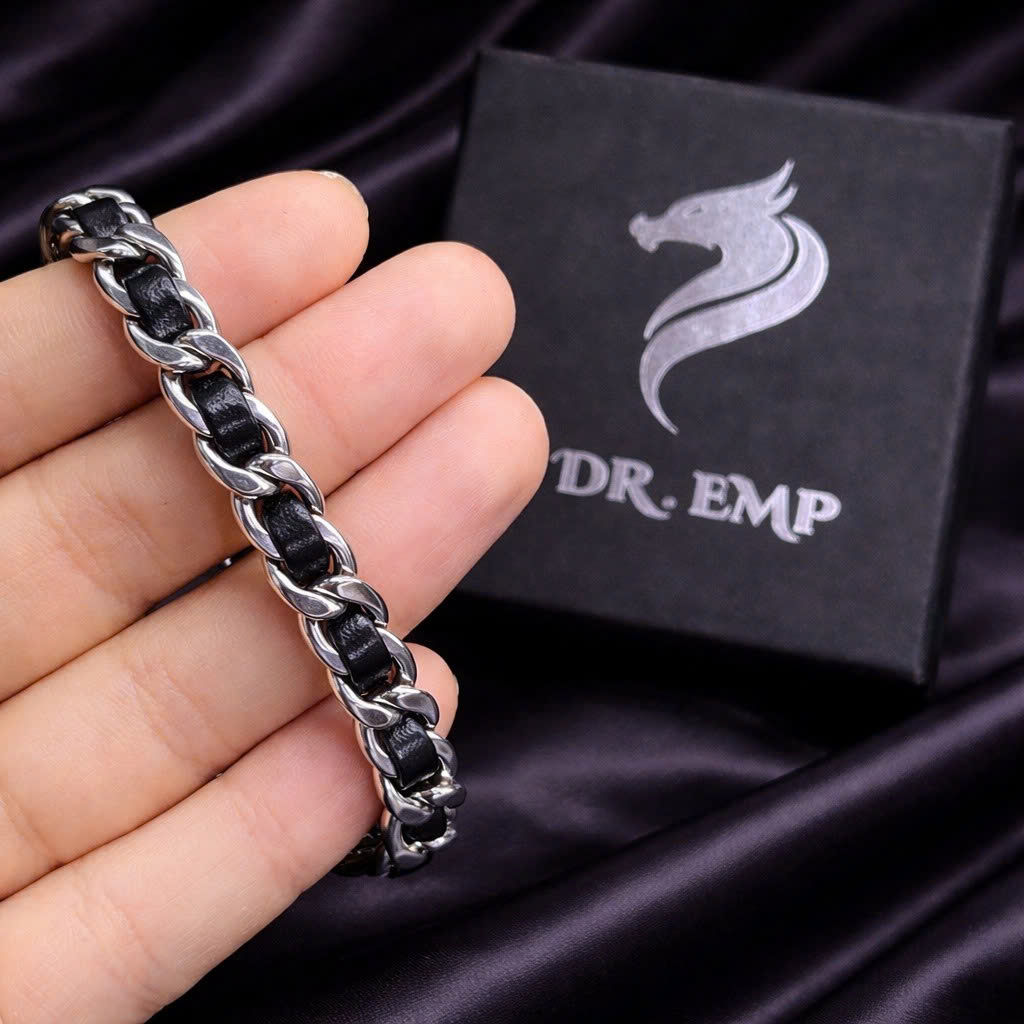 vòng tay xích kẹp dây da đen 19cm_thumbnail_1