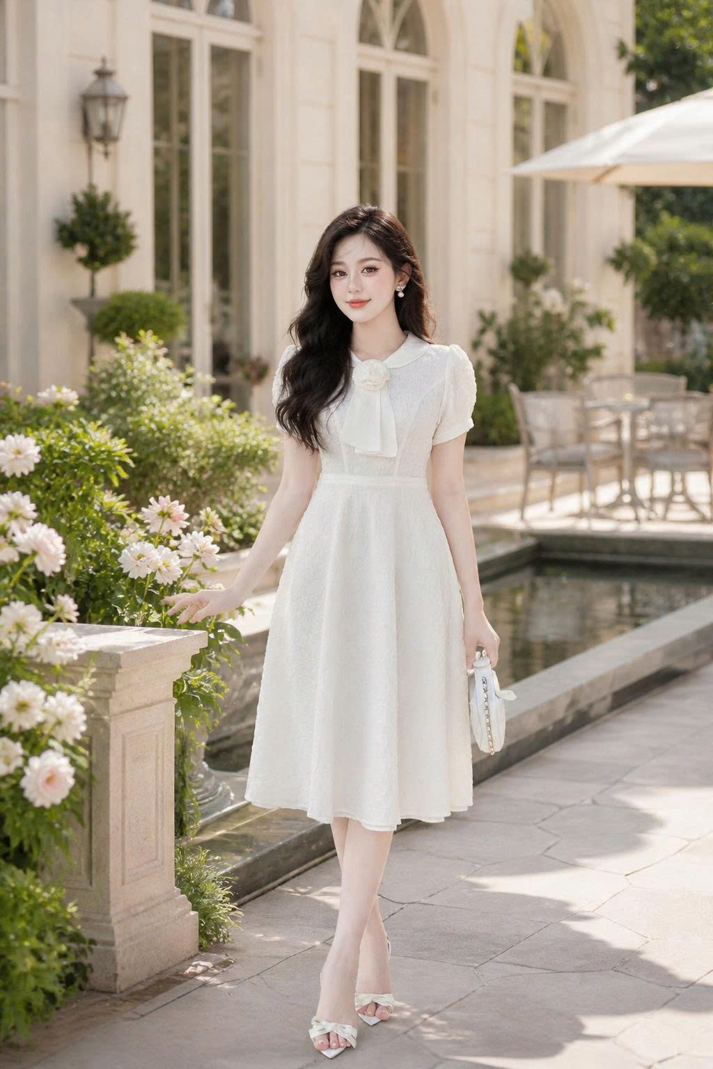 Đầm xòe trắng cổ bẻ đính hoa tay ngắn D4021