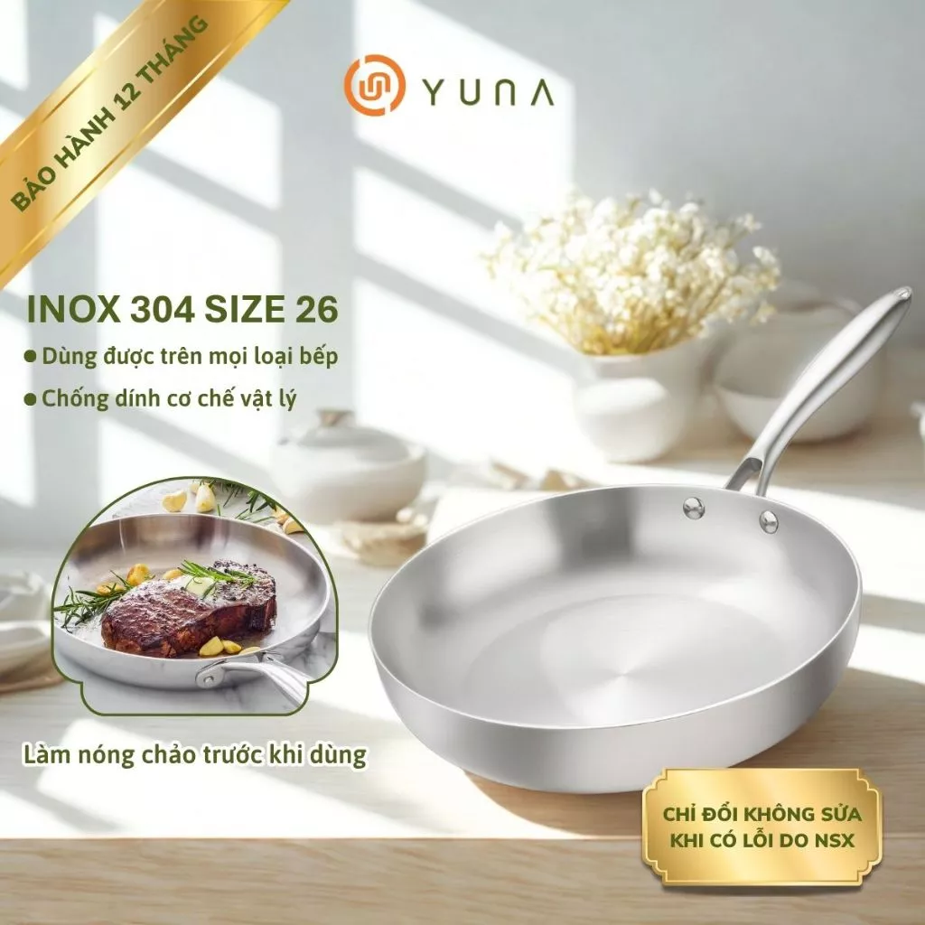 Chảo Inox 304 Nguyên Khối 3 Lớp YUNA Cao Cấp – Chống Dính Tự Nhiên, Dùng Mọi Loại Bếp, Truyền Nhiệt Nhanh, Bền Đẹp_thumbnail_1