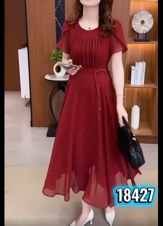 18427-Đầm xòe voan eo kết nút tàu ( voan, lót)