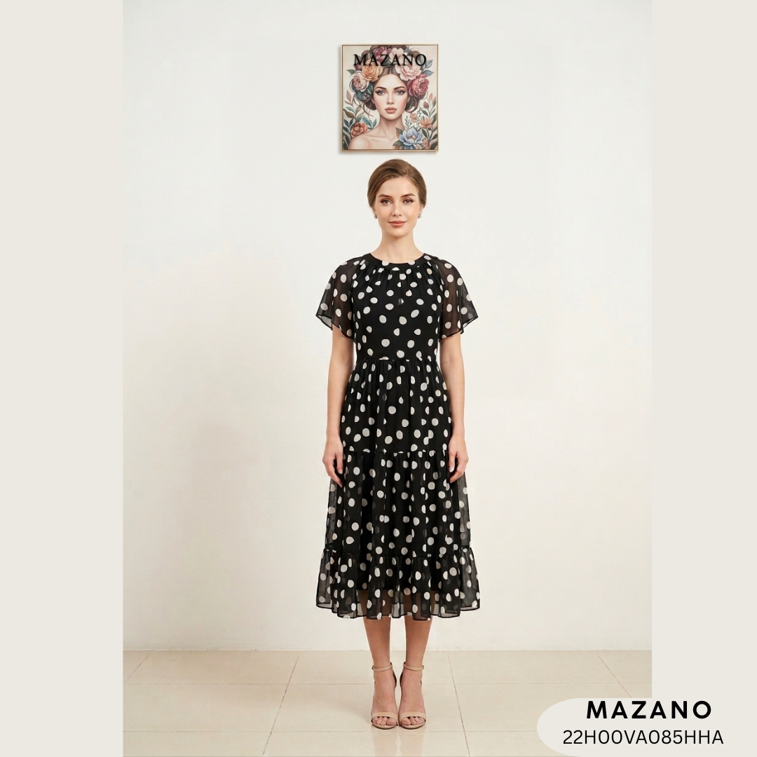 Đầm đen chấm trắng nhún bèo tầng