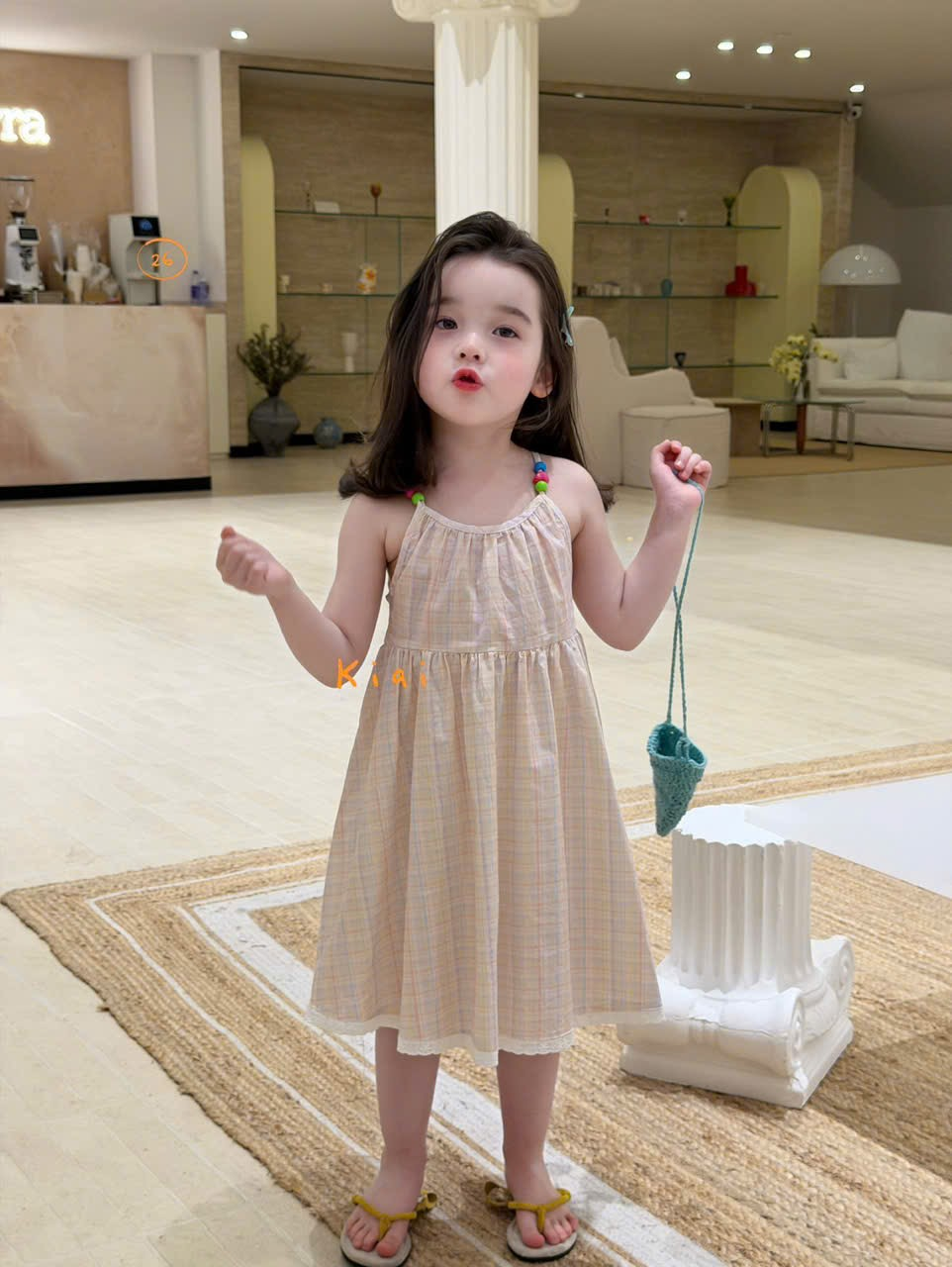 KA03 - Váy thô kẻ nâu 2 dây đính hạt hãng Kiai