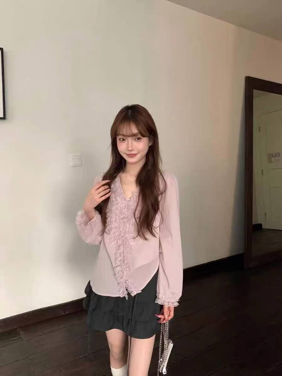 Áo sơ mi voan tơ cổ tim phối nhún dọc áo 2 bên cổ cài cúc CURE_thumbnail_5