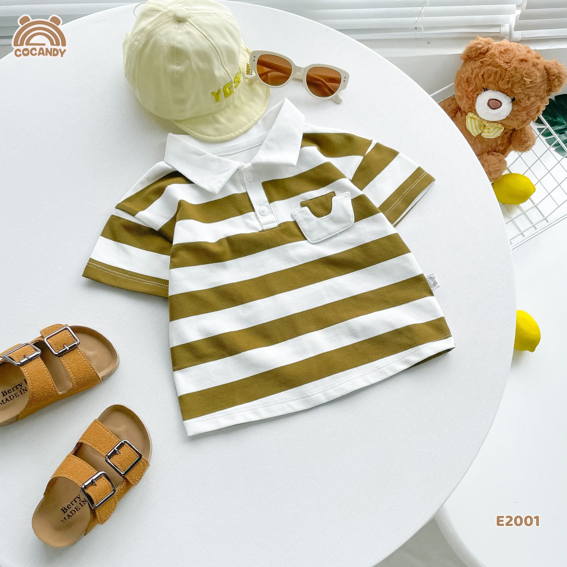 Áo cộc polo kẻ XANH RÊU phối trắng phối ngực