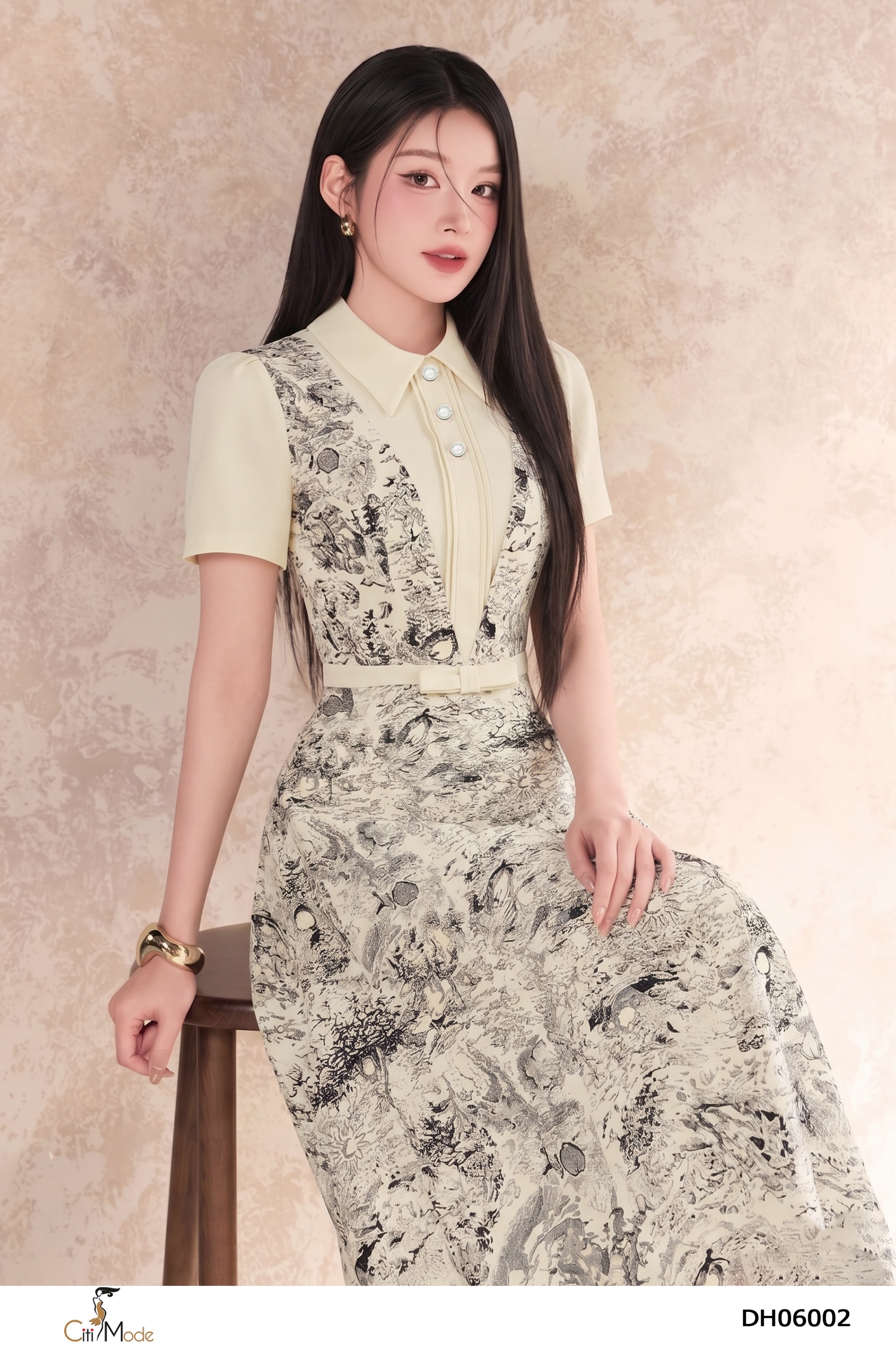 Đầm xòe họa tiết phối kem nơ eo tay ngắn_thumbnail_6
