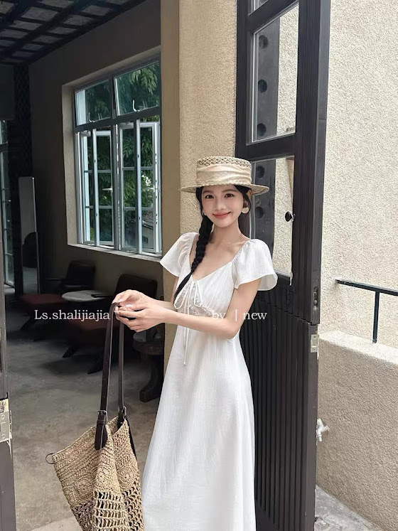Lucas - Váy cổ vuông buộc nơ cộc tay viền chân ngực 2 hàng đính charm chân xòe_thumbnail_2