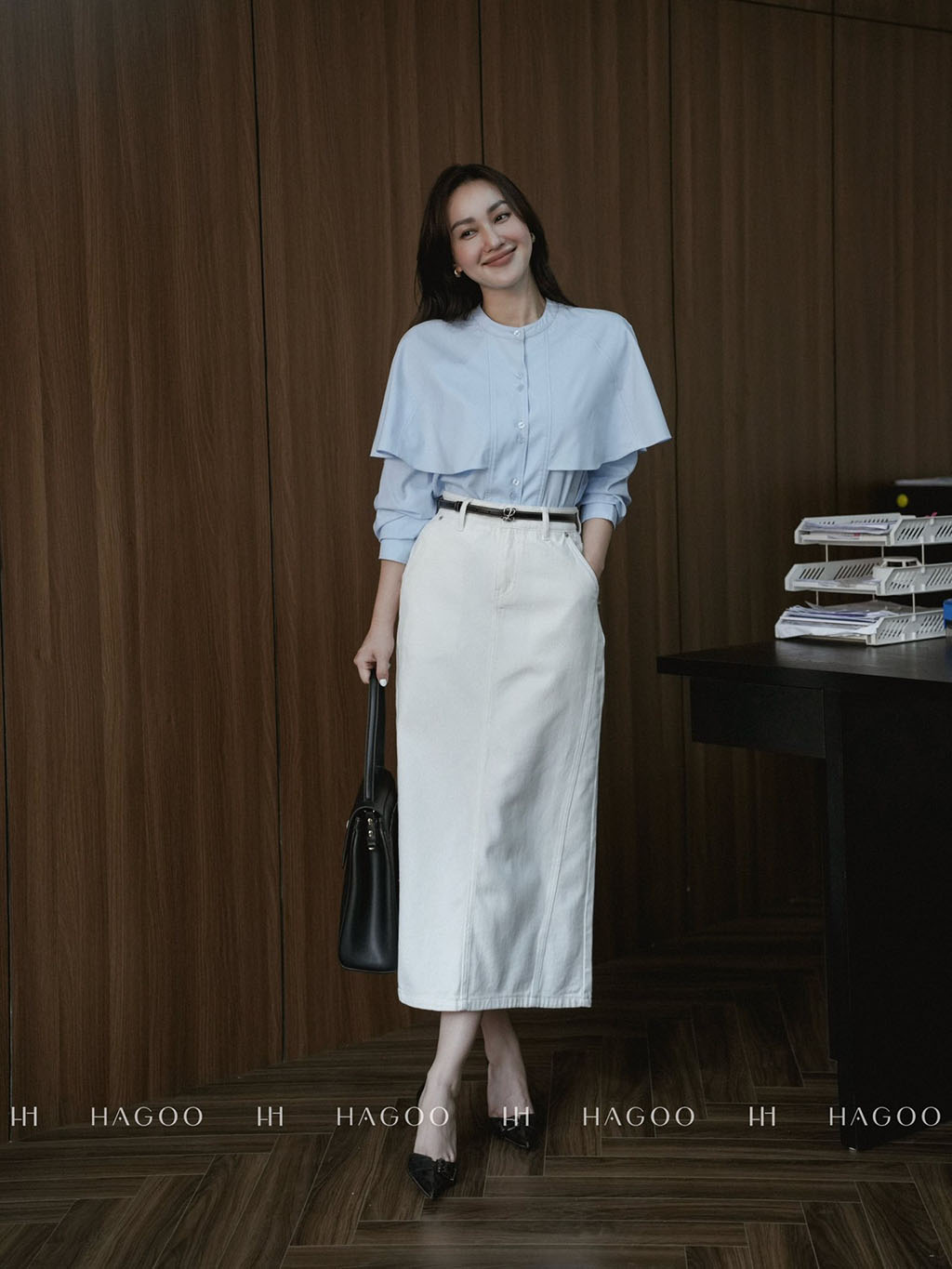 HAGOO A-line denim skirt with slanted hem