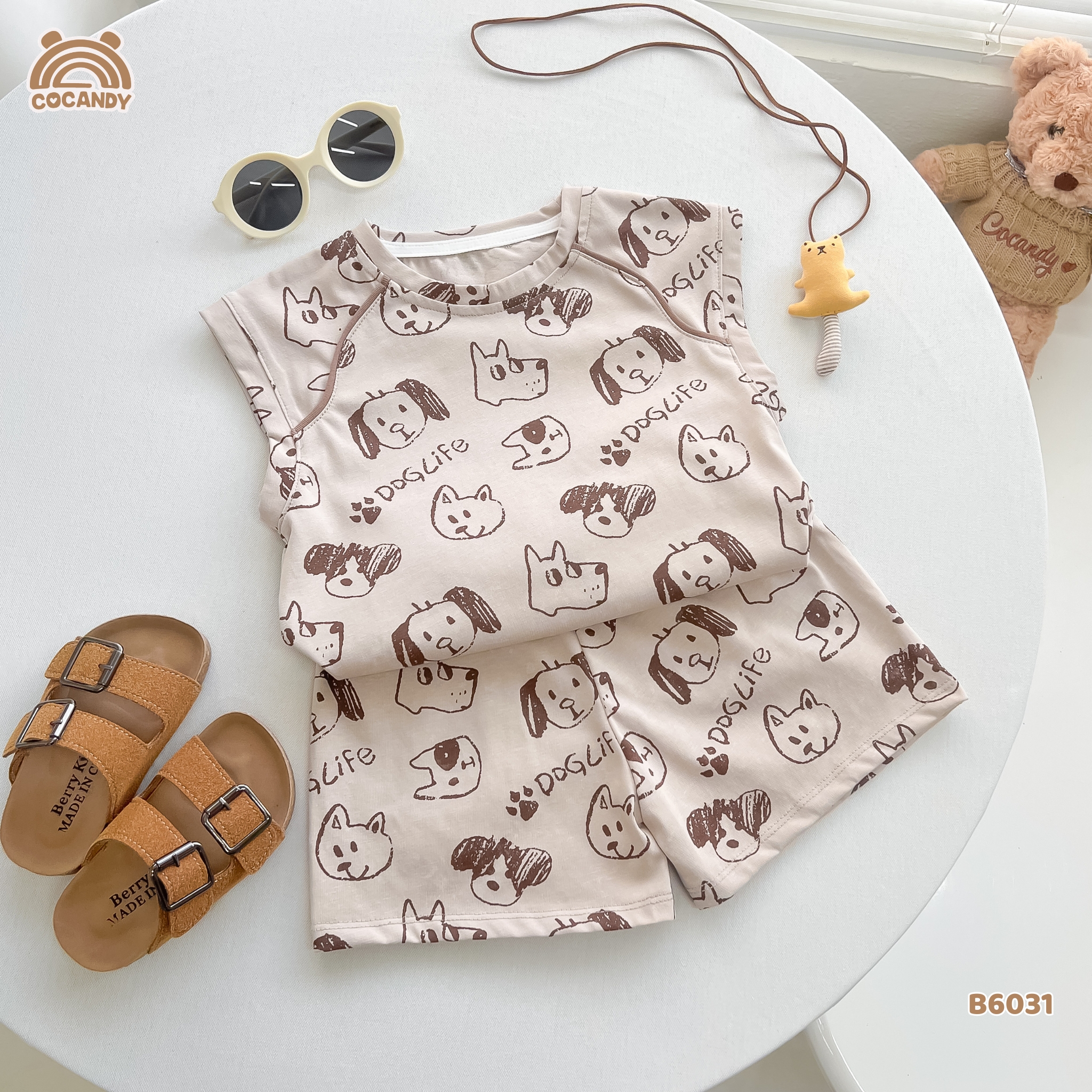 Bộ sát nách cotton NÂU hình cún