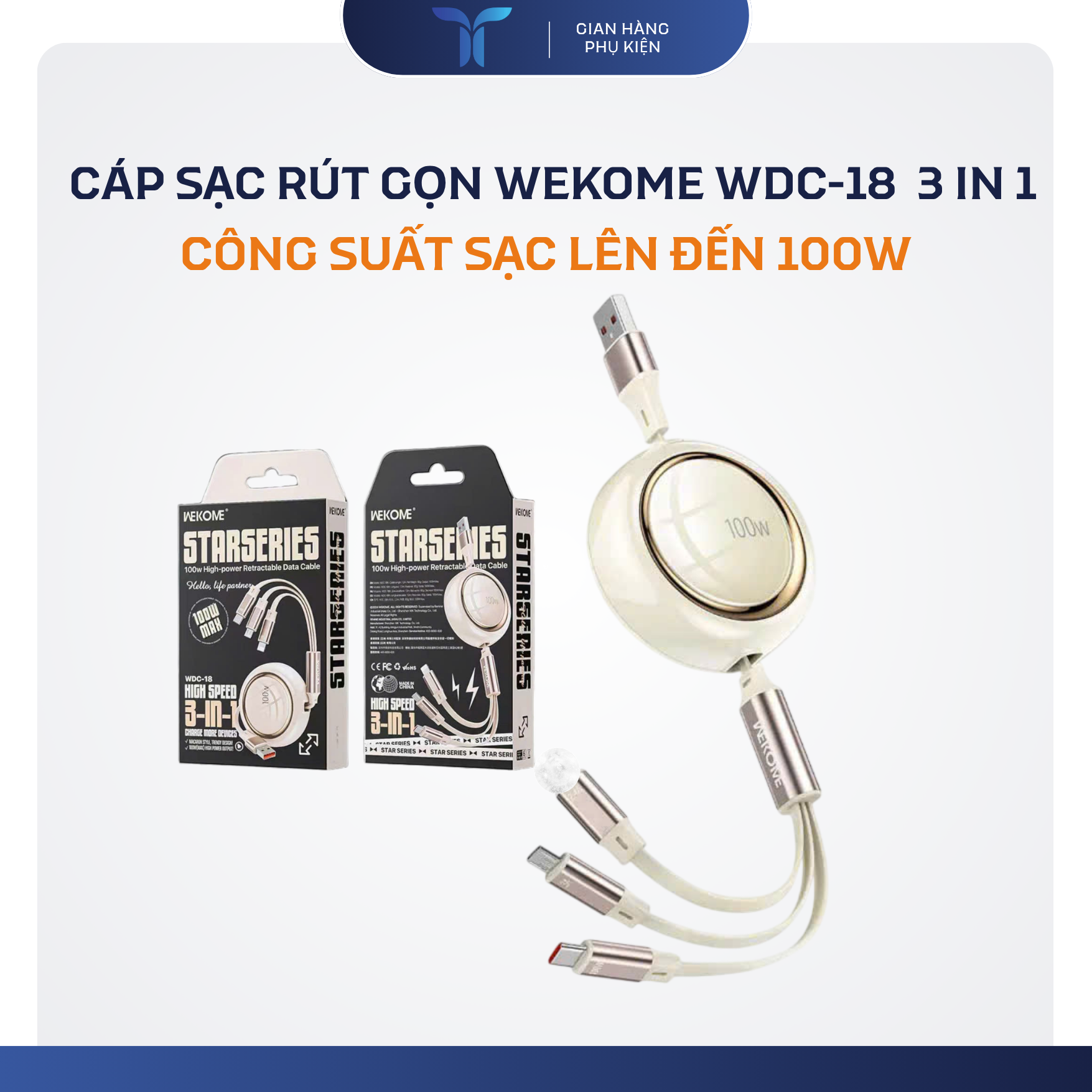 T-ECO SHOP | Cáp Sạc WEKOME WDC-18 100W 3 Trong 1 Dây Rút Gọn Hỗ Trợ Sạc Và Truyền Dữ Liệu