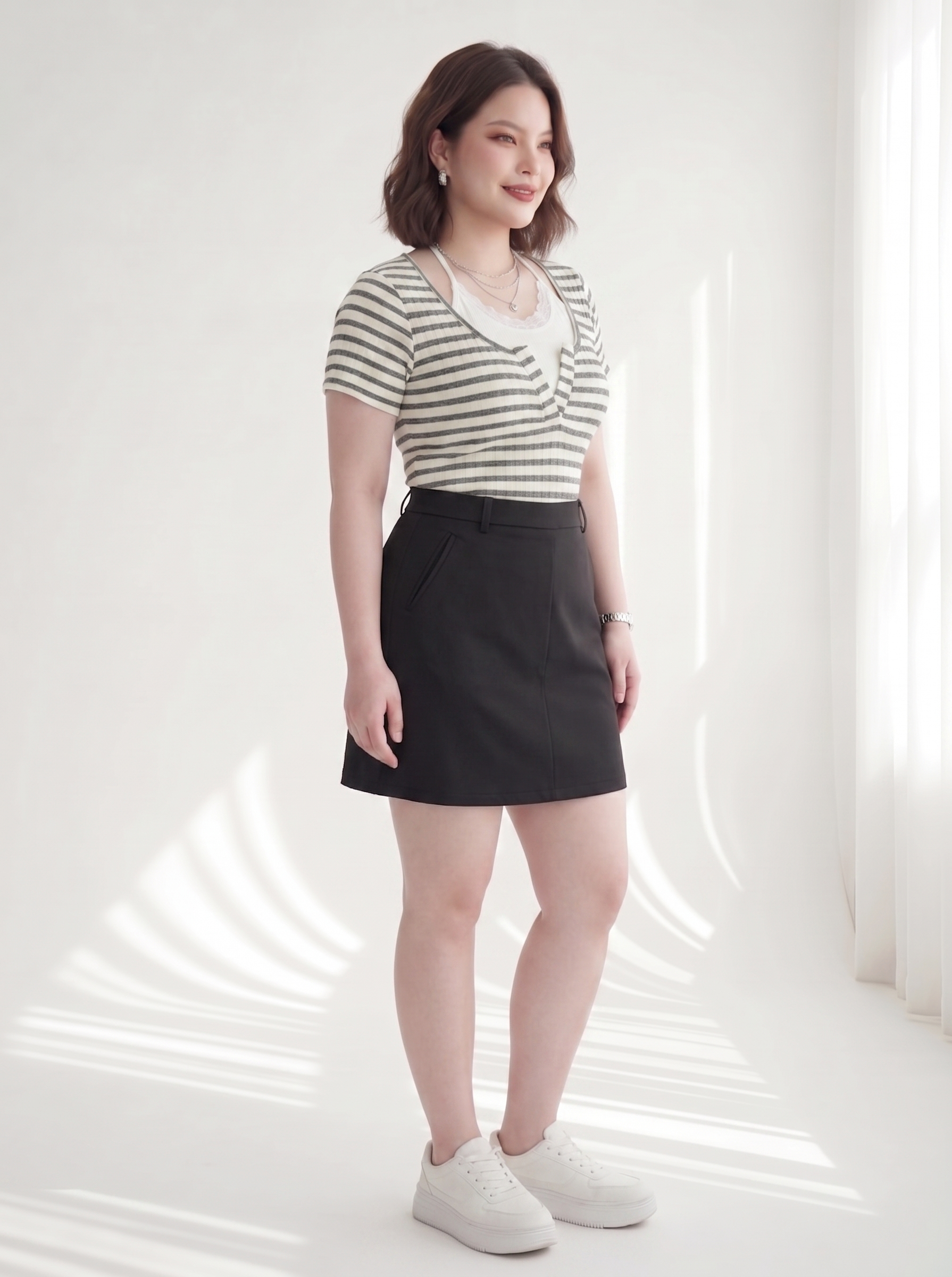 Áo Thun Kẻ Sọc Phối Cổ Yếm Bigsize Dễ Phối Đi Chơi - Kem Sọc Đen - Vừa 55-95kg - AK111_thumbnail_1