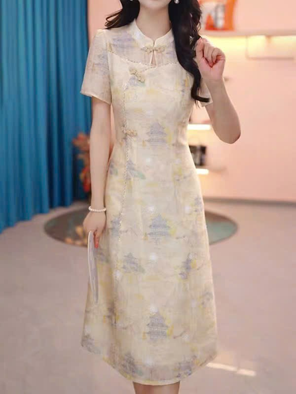 18495-Đầm suông A vàng  in họa tiết  cổ tàu cách điệu ( voan lụa, lót)