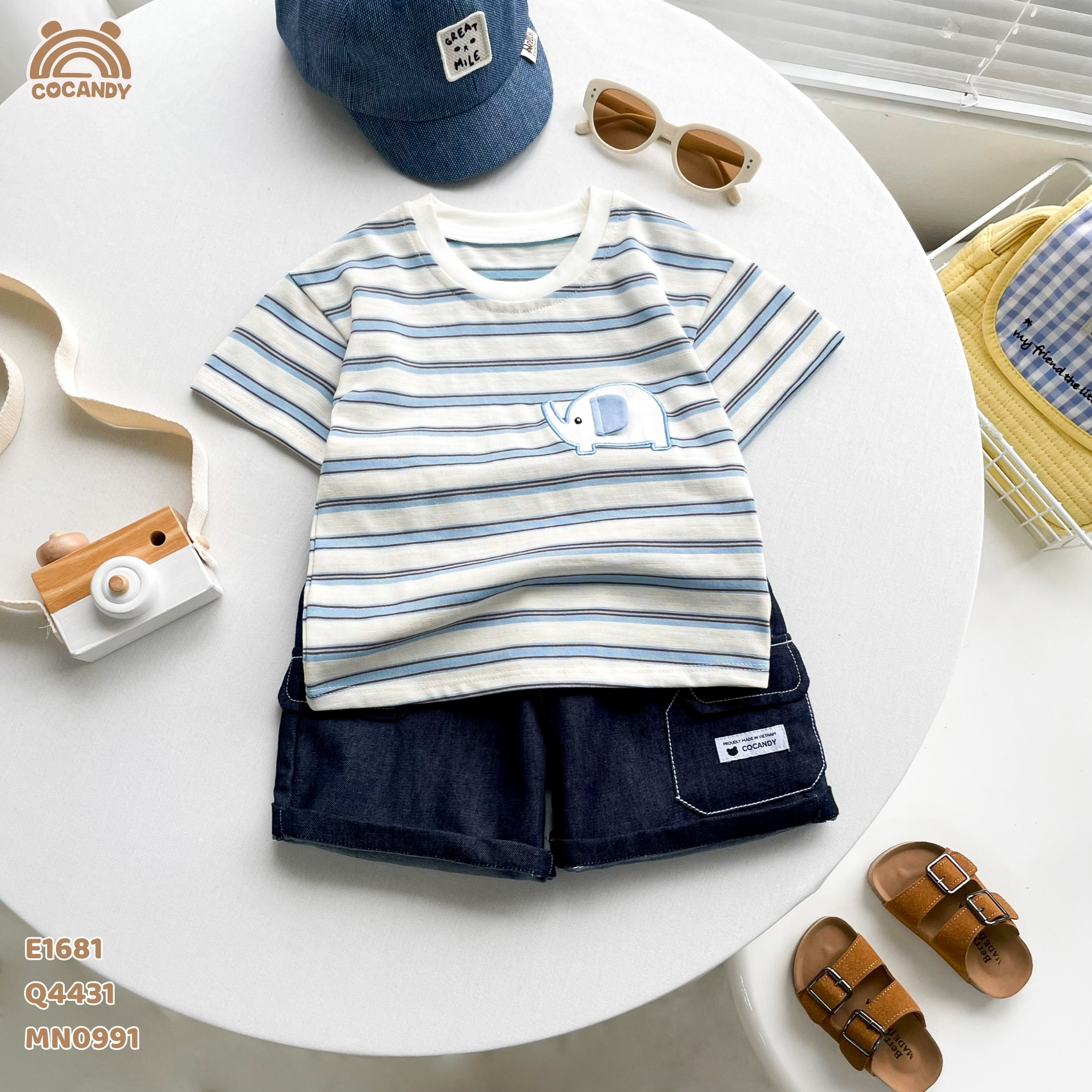 Áo cộc cotton kẻ XANH hình voi