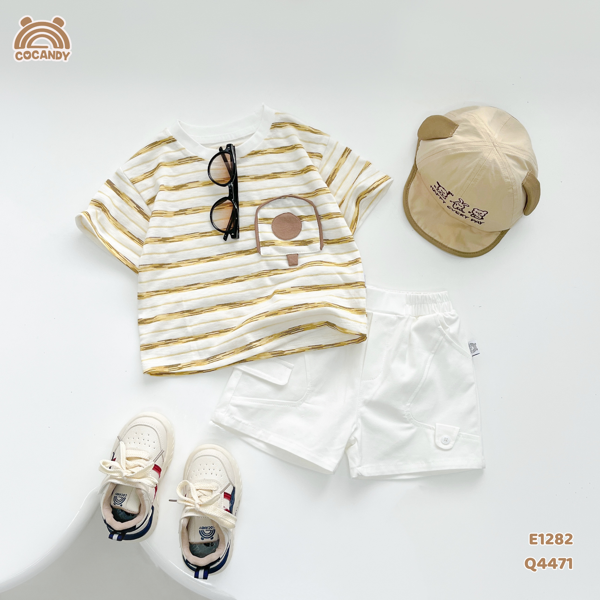 Áo cộc cotton kẻ VÀNG BE phối túi ngực hòm thư
