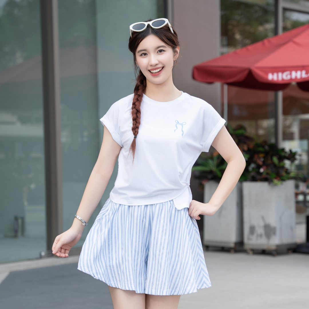 BN62 - Set Bộ Nữ Xuân Hè Áo Thun Trắng Chân Váy Xòe Kẻ Sọc