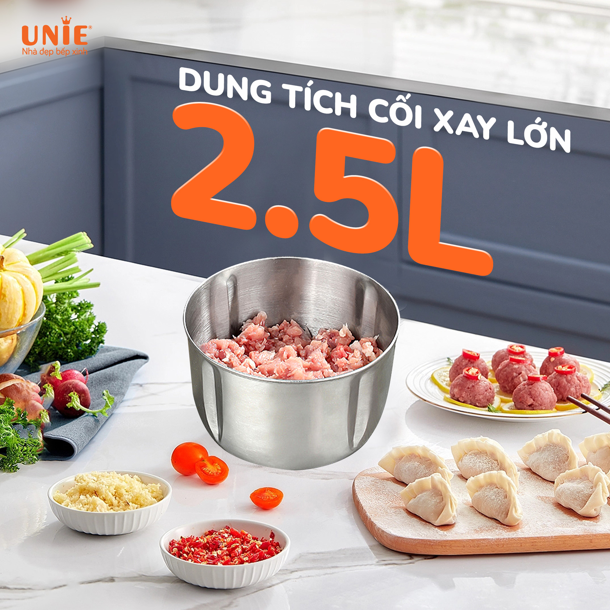 Máy xay thịt Unie UE226 dung tích 2.5L, 2 cối xay đa năng, trục bóc hành, tỏi, đánh ruốc tiện lợi_thumbnail_3