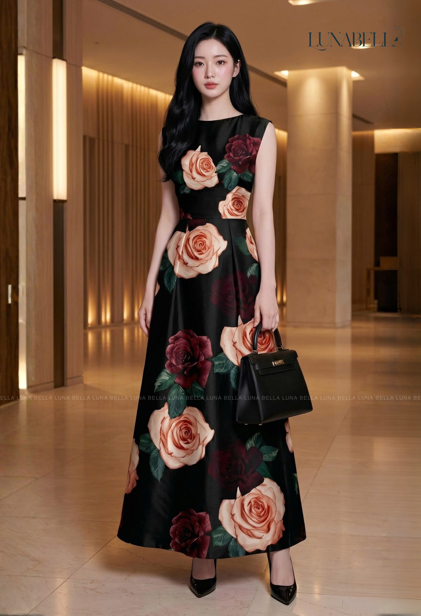 Váy dài in hoa hồng LORENA màu ĐEN