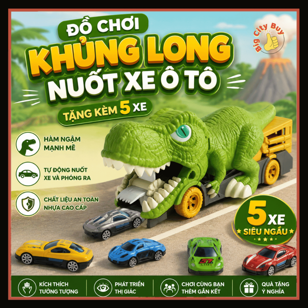 Đồ Chơi Khủng Long Nuốt Xe Ô Tô Cho Bé Tặng Kèm 6 Xe Mini Nhựa Cao Cấp Chơi Tương Tác Vui Nhộn BigcityBuy 336DCKL