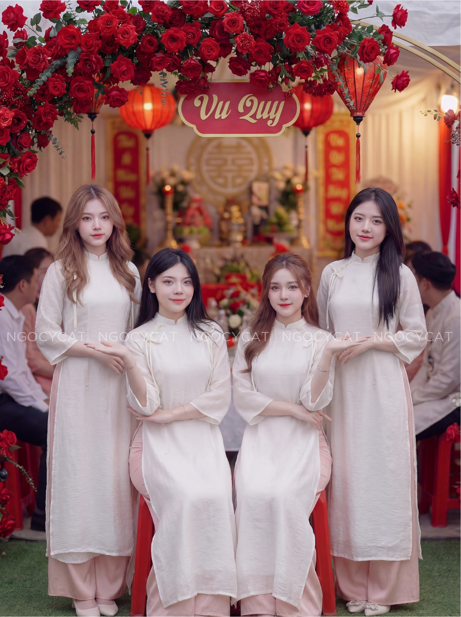 Áo Dài Bưng Qủa Màu Be Crep Nơ Đôi _thumbnail_1