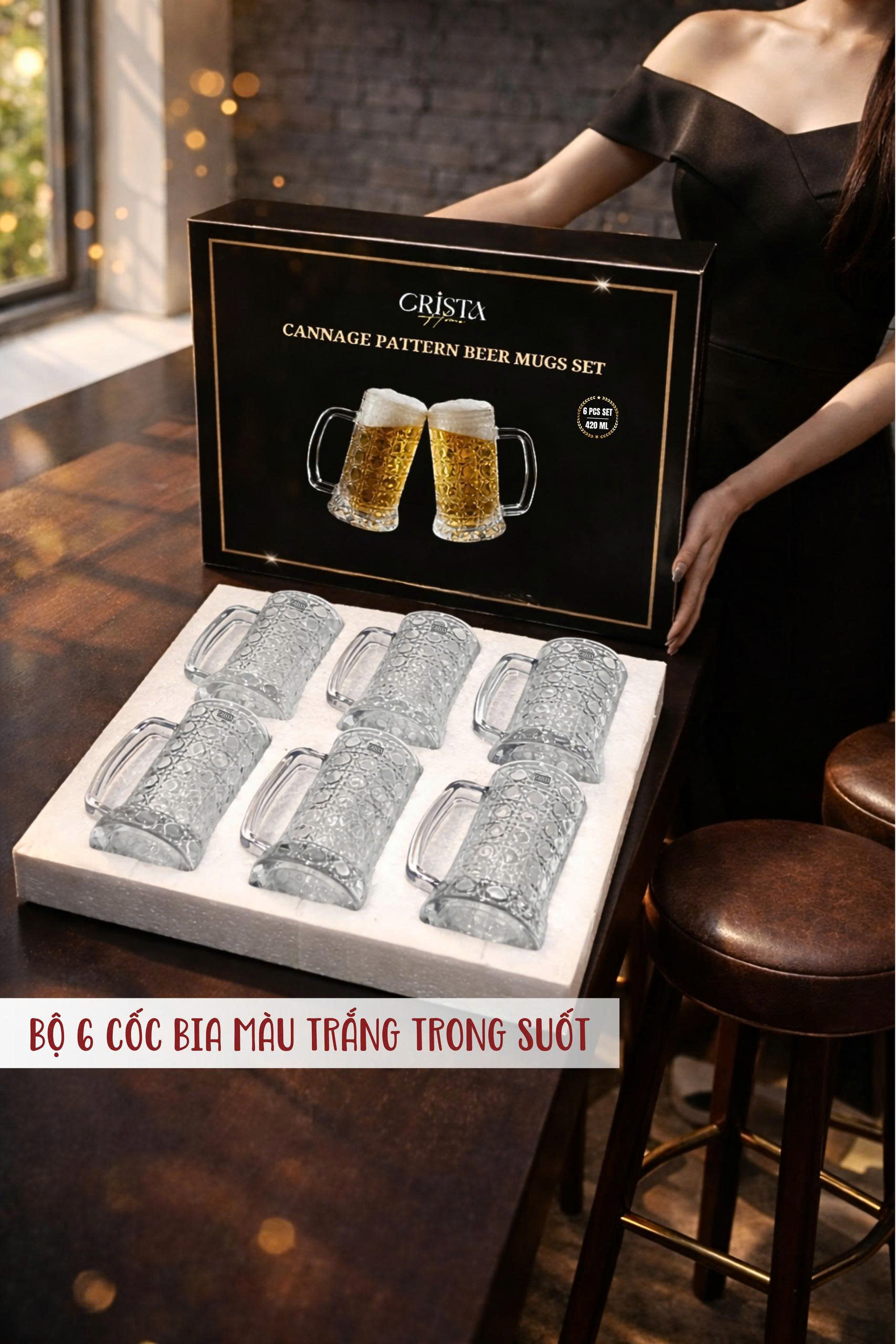 Bộ 6 cốc bia thủy tinh vân pha lê nổi có quai 420ml Crista Home_thumbnail_0