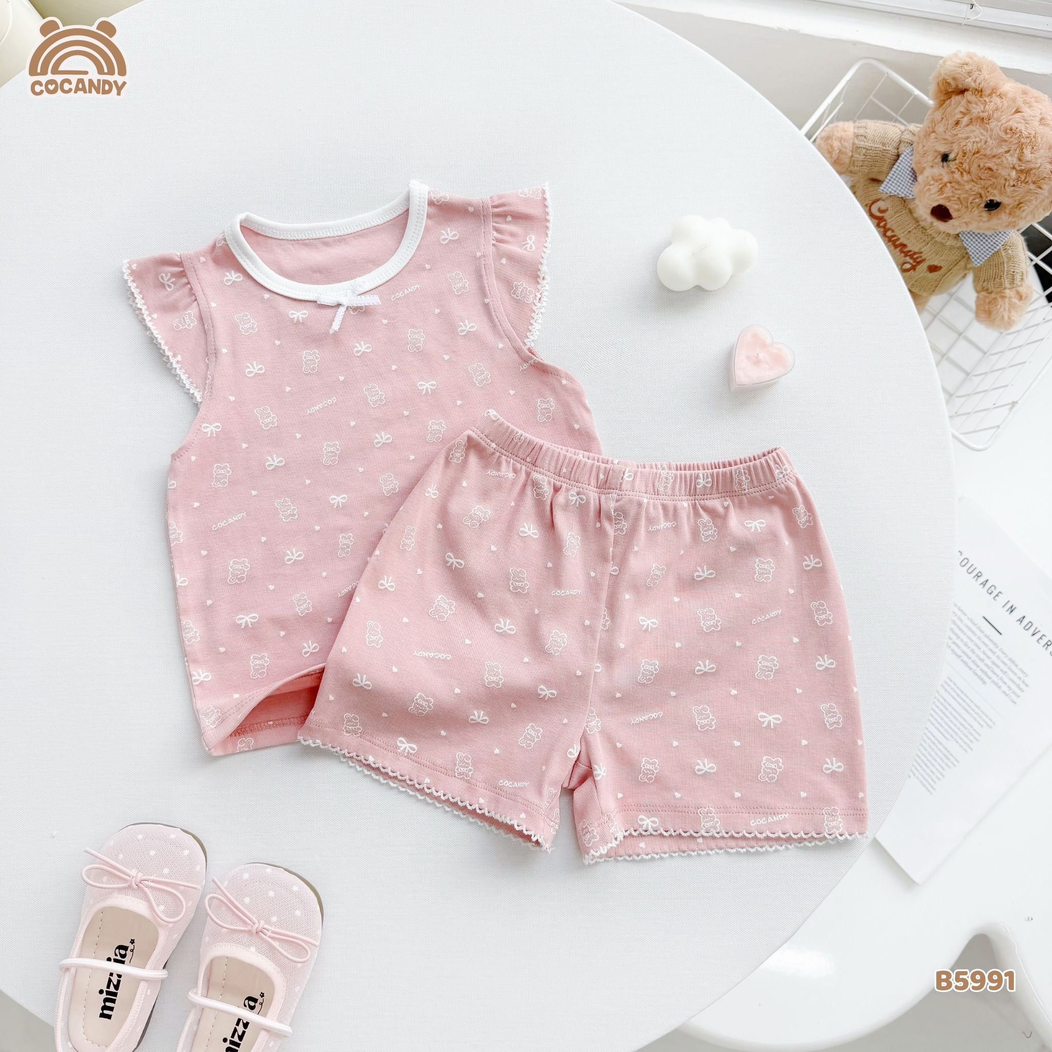 Bộ cộc thun HỒNG cánh tiên hình gấu nơ tim trắng