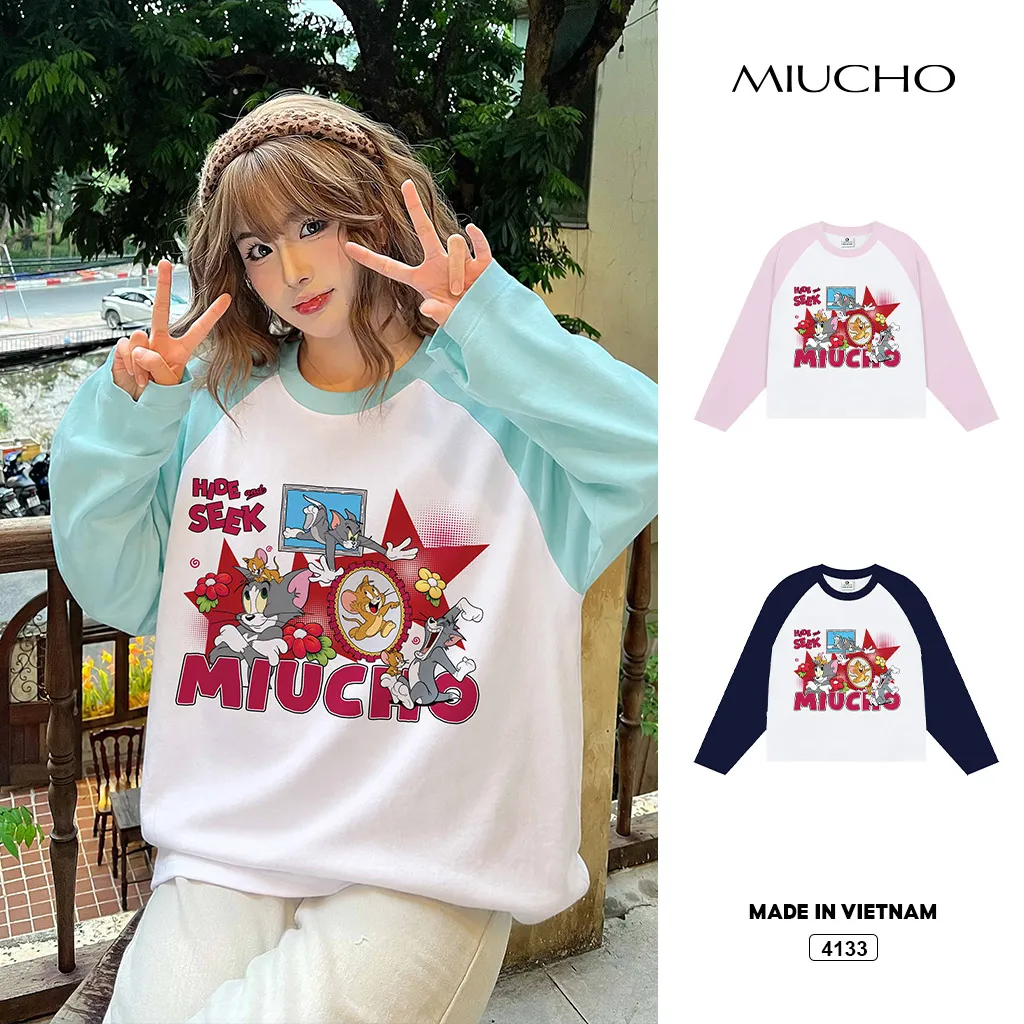 Áo thun raglan tay dài form boxy hoạt hình Miucho 4133