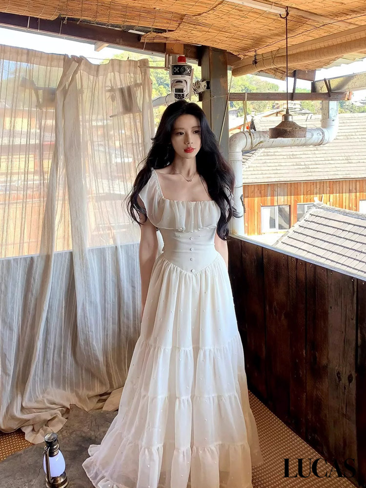 Váy maxi voan cổ vuông bèo viền cổ, tay hạ eo chéo đính cúc bọc, chân váy xòe nối tầng_thumbnail_7